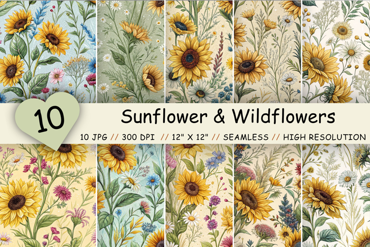 Sunflower & Wildflowers Seamless Pattern, Bright Summer
