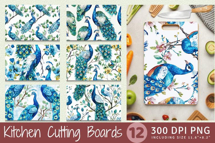 Watercolor Peacock Cutting Boards sublimation Designs example image 1