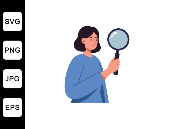 Woman Holding Magnifying Glass in Flat Minimal Style Vector