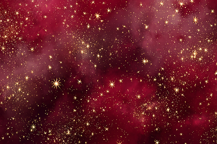 A vibrant red galaxy background with numerous gold stars