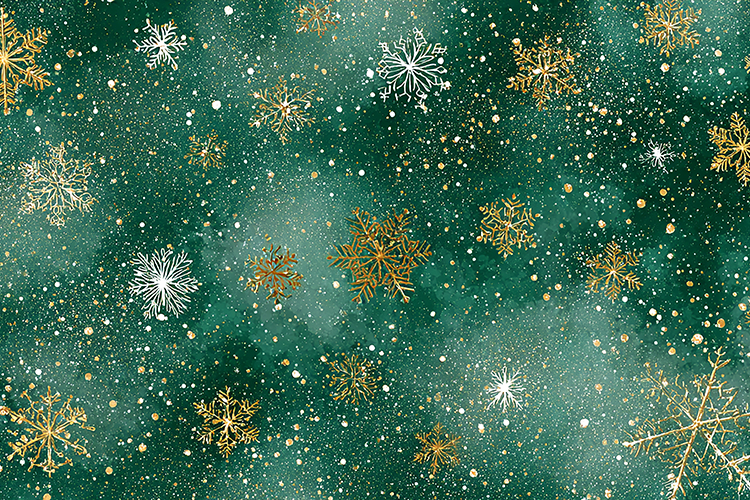 A festive holiday background with gold and white snowflakes