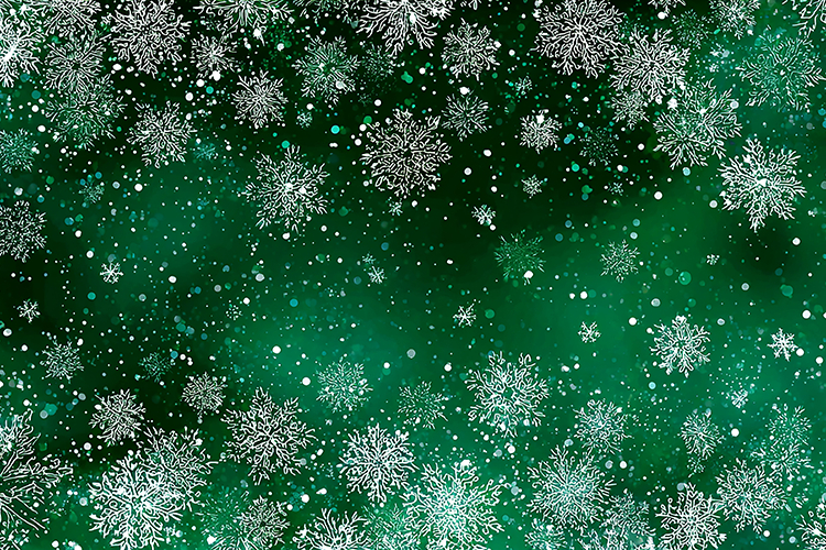 A vibrant green background with white snowflakes falling