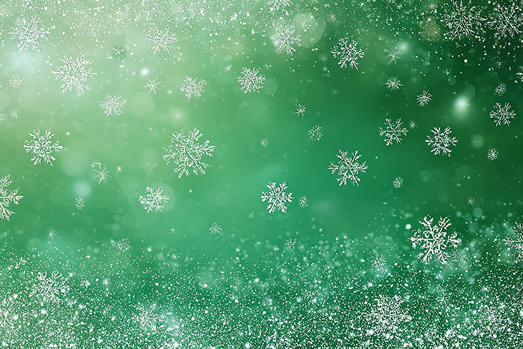 A vibrant green background with white snowflakes