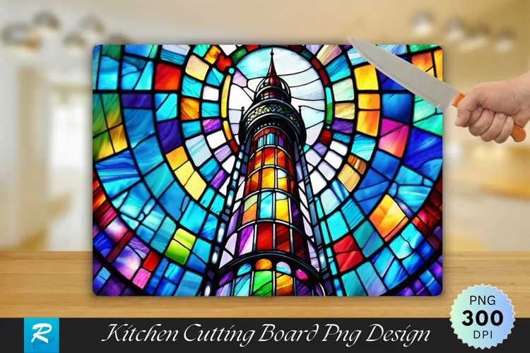 Stained Glass Tower Cutting Board Sublimation Design