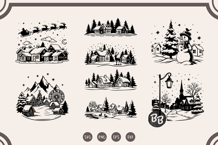 Winter Christmas Village Scene Bundle svg Clipart