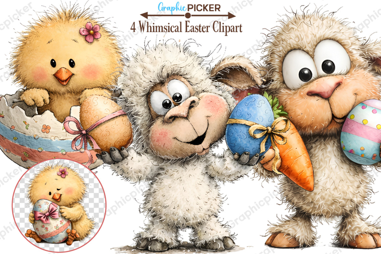 Whimsical Bunny Easter Clipart, Watercolor Easter Bunny PNG