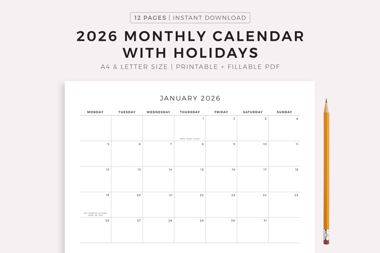 2026 Monthly Calendar with Holidays, Landscape, Printable