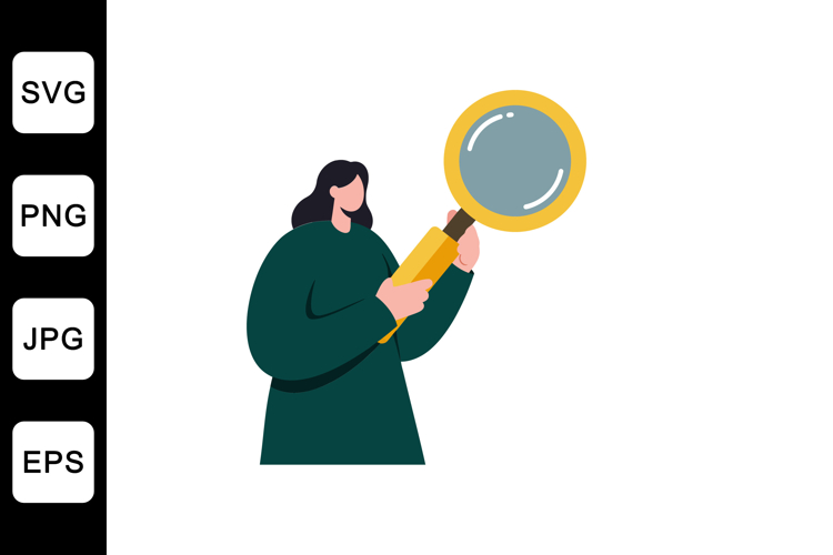 Woman holding a magnifying glass in a minimal flat vector il