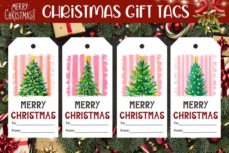 Cartoon Christmas Tree Gift Tags, Pink Christmas Tags