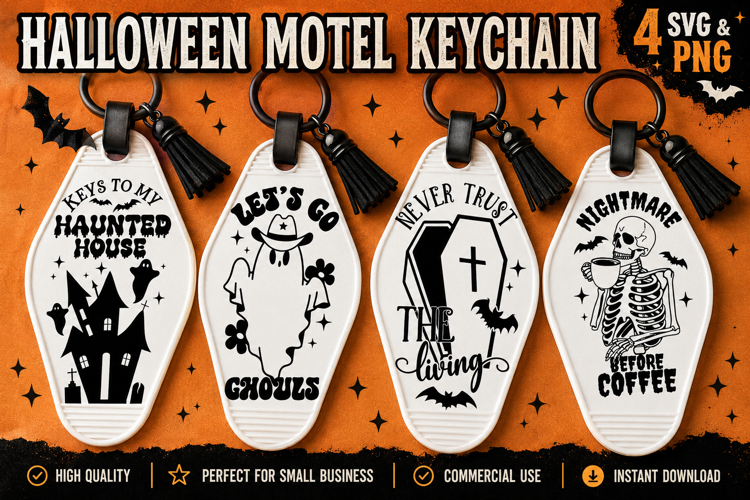 Halloween Motel Keychain SVG PNG, Haunted Ghost & Skeleton