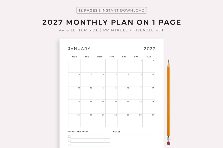 2027 Monthly Planner on One Page, Printable, A4/Letter Size