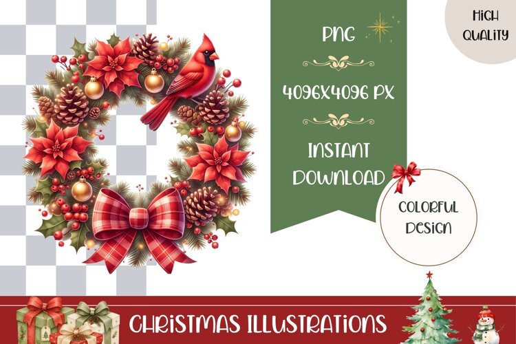 Christmas Wreath Illustration, Cartoon Christmas Bow PNG example image 1