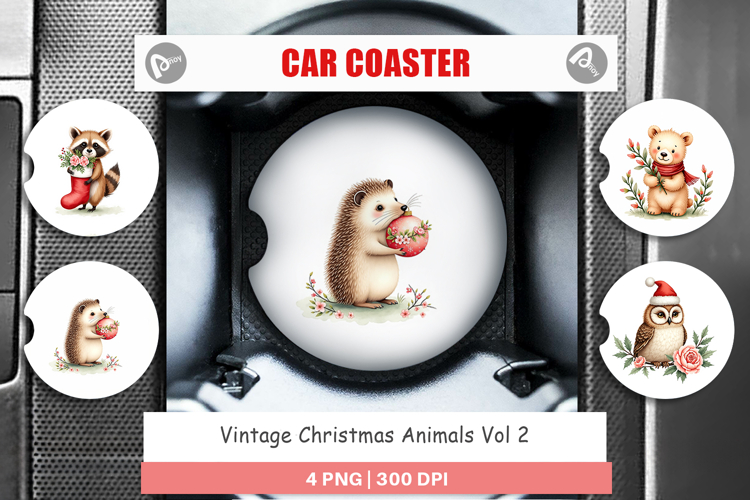 Car Coaster Vintage Christmas Animals Watercolor