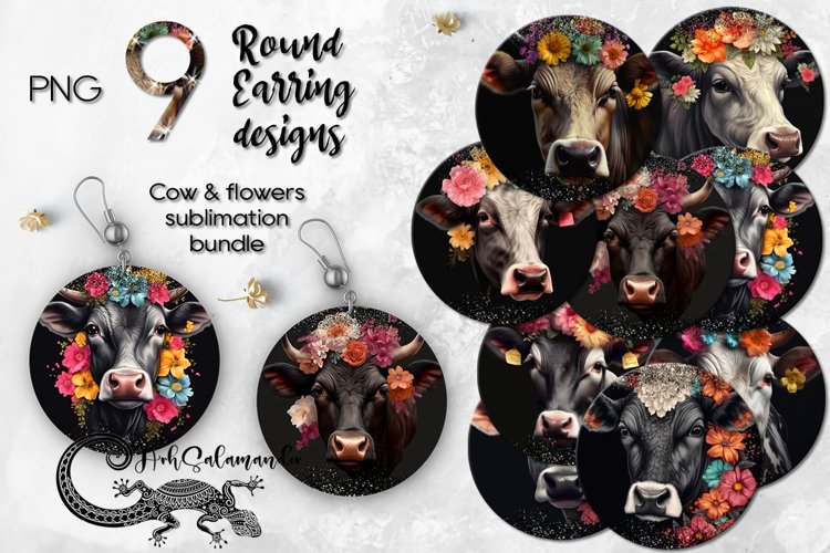 Cow   flowers | Round earring Sublimation design bundle, PNG