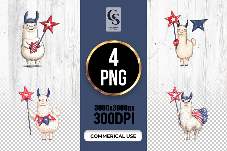Watercolor Patriotic Llama Clipart PNG