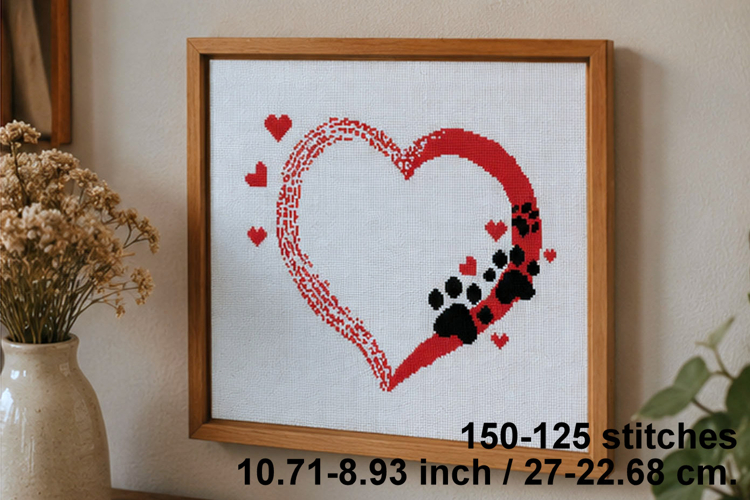 Cross stitch heart and paw pattern download file, pet lower