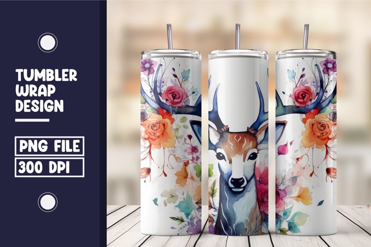 Deer Surrounded By Flowers Watercolor Tumbler Warp Design