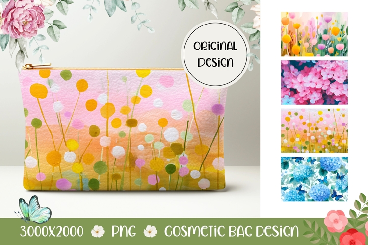 Cartoon Flowers Cosmetic Bag, Floral Cosmetic Bag PNG