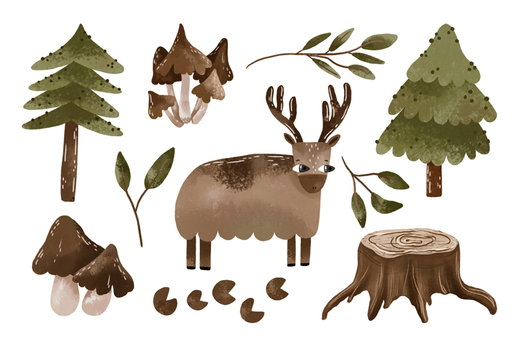 Forest Deer Animal and Nature. Hand Drawn Watercolor Cartoon