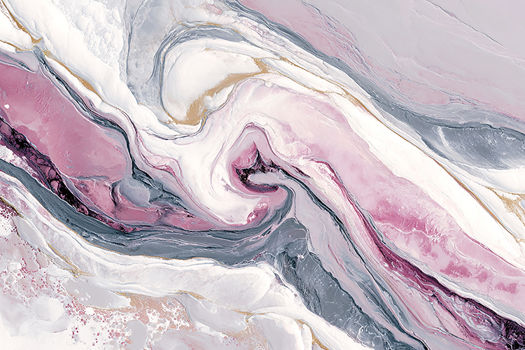 A marble with swirling pink, white, and gray