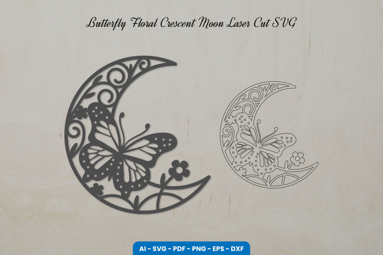 Butterfly Floral Crescent Moon Laser Cut SVG