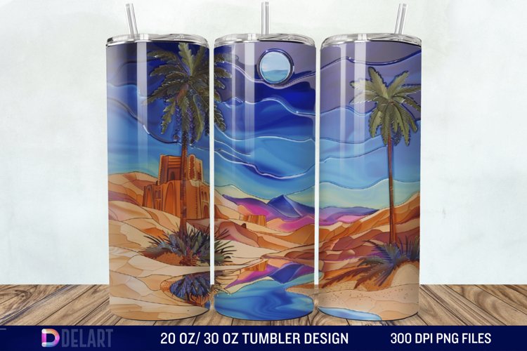 3D Tranquil Desert Oasis Stained Glass Tumbler Wrap example image 1