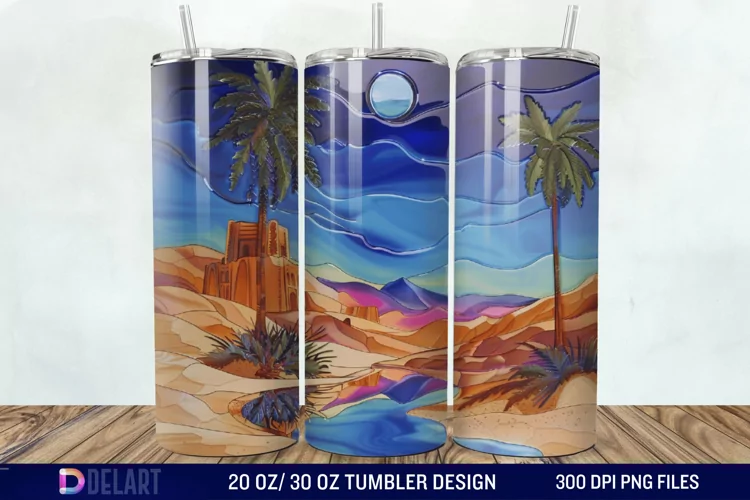 3D Tranquil Desert Oasis Stained Glass Tumbler Wrap