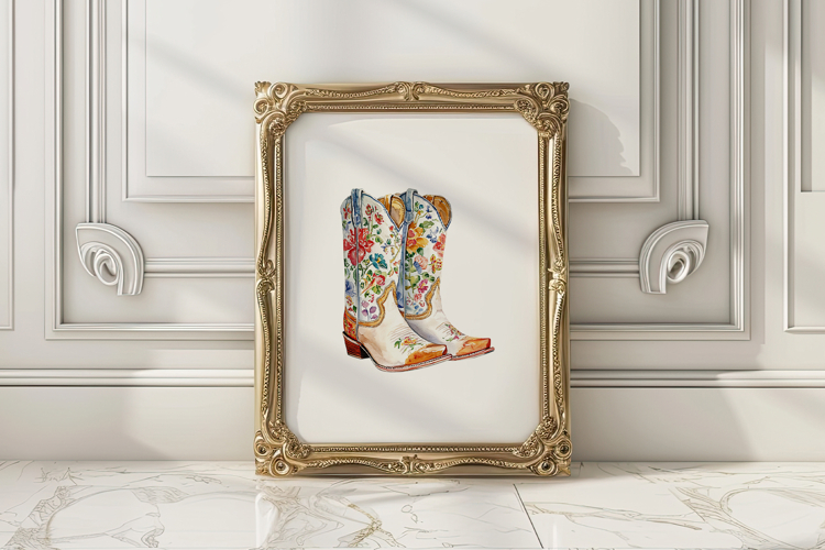 Watercolor Cowgirl Cowboy Boots Print
