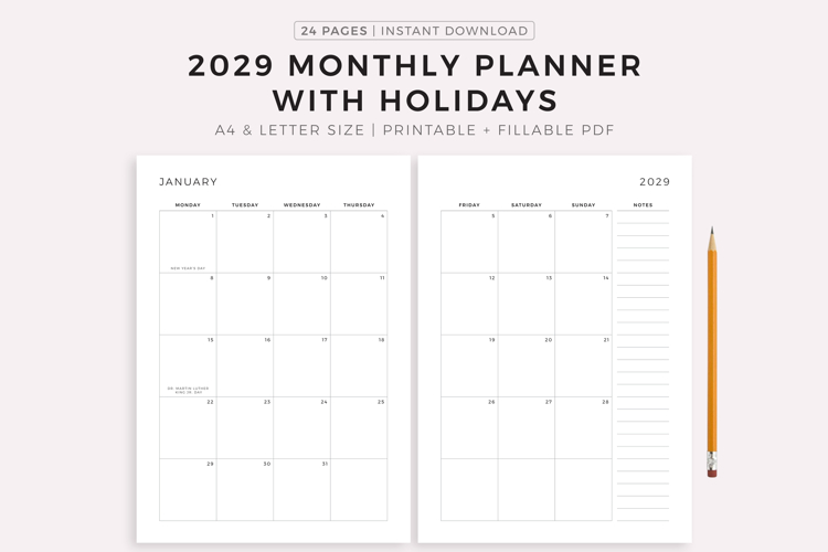 2029 Monthly Planner with Holidays, Dated Month on 2 Pages