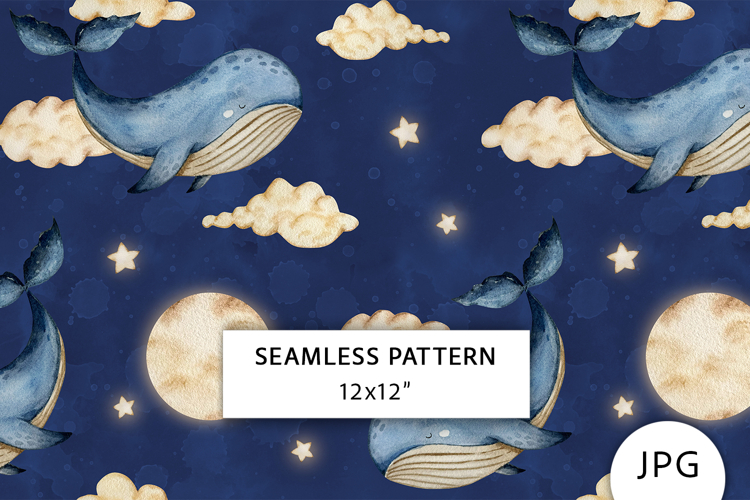 Watercolor Whale Dreams Seamless Pattern