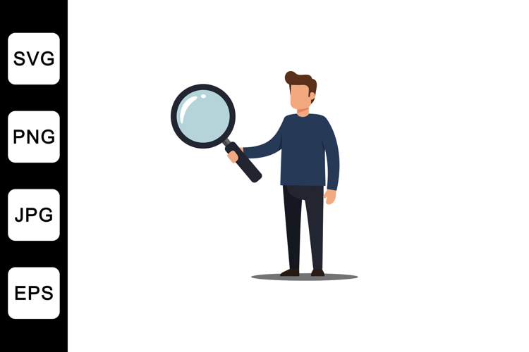 Person holding a magnifying glass in a flat and minimal vect