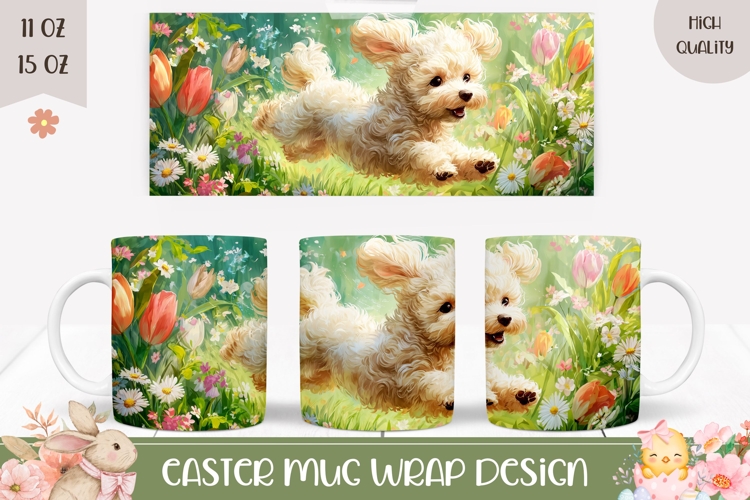 Funny Dog Mug Wrap, Cartoon Flowers Mug Template