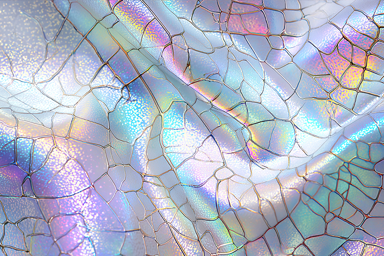 A cracked iridescent surface with vibrant