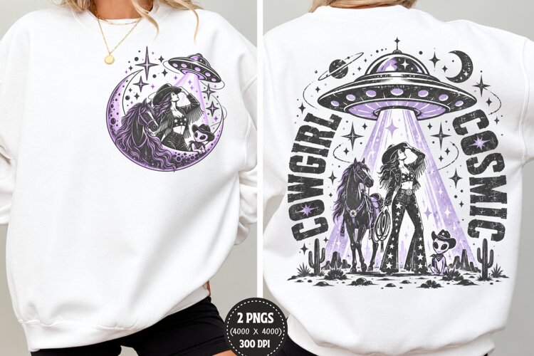 Cosmic Cowgirl Front Back PNG, Western UFO Chest Back Shirt example image 1