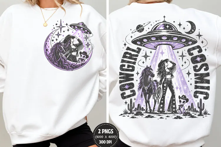 Cosmic Cowgirl Front Back PNG, Western UFO Chest Back Shirt