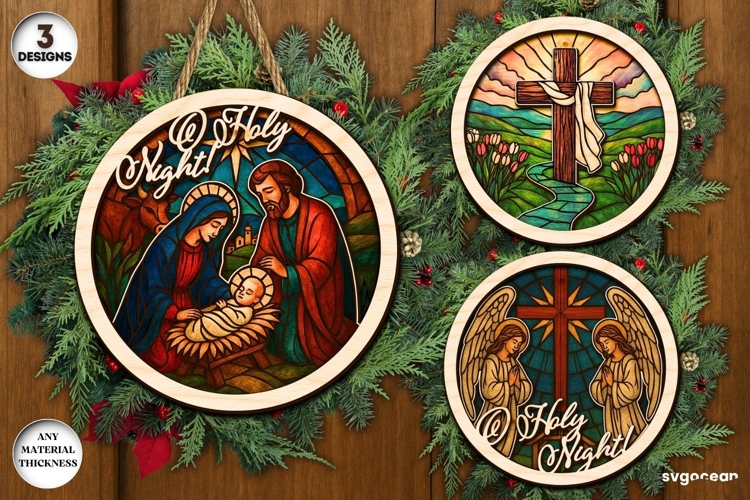 Nativity Stained Glass Door Sign Bundle | Door Hanger | SVG example image 1