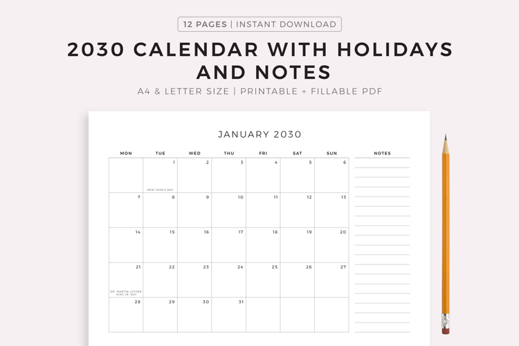 2030 Monthly Calendar with Holidays & Notes, Printable