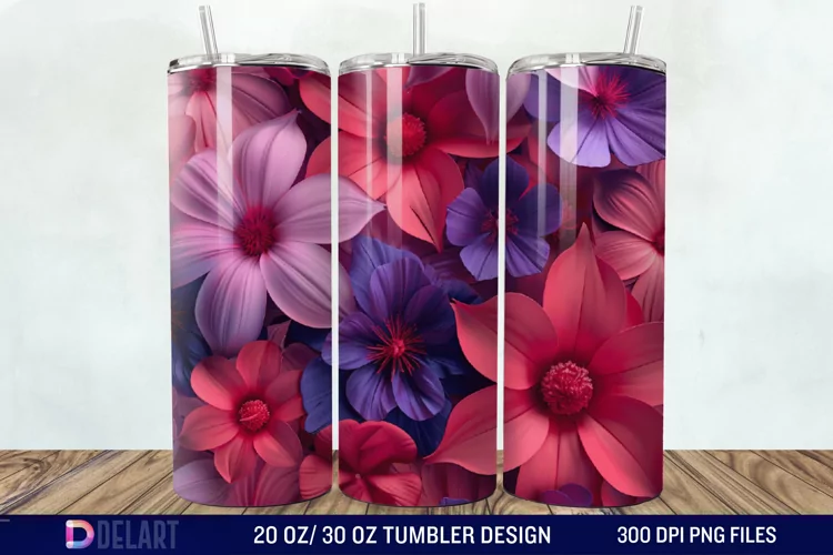 3D Fuchsia and Violet Flowers Tumbler Wrap
