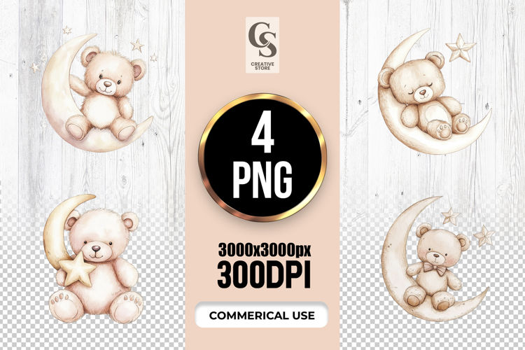 Teddy Bear Moon Stars Clipart Sublimation PNG