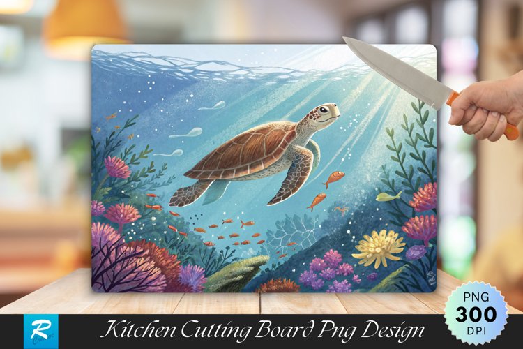 Sea Turtle in Ocean with Colorful Floral Cutting Board PNG