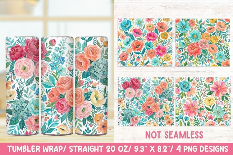 Colorful Cottagecore Floral 20 OZ Skinny Tumbler Wrap PNG.