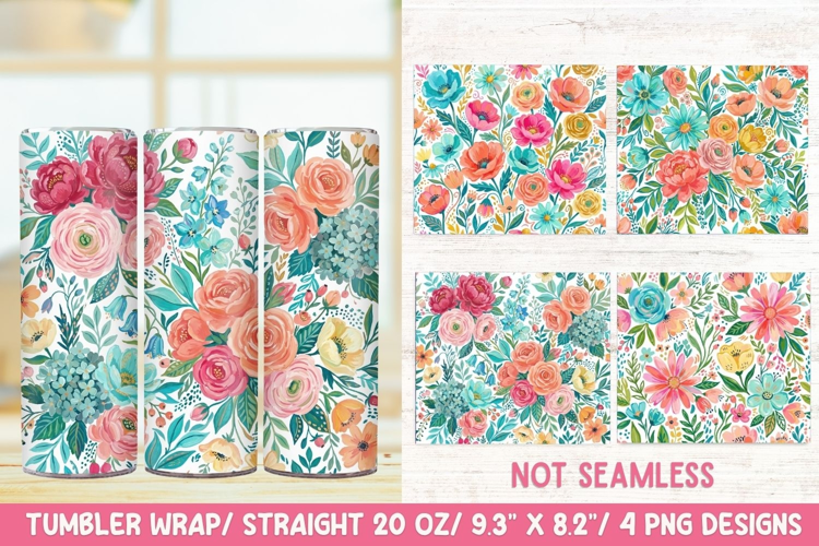 Colorful Cottagecore Floral 20 OZ Skinny Tumbler Wrap PNG.