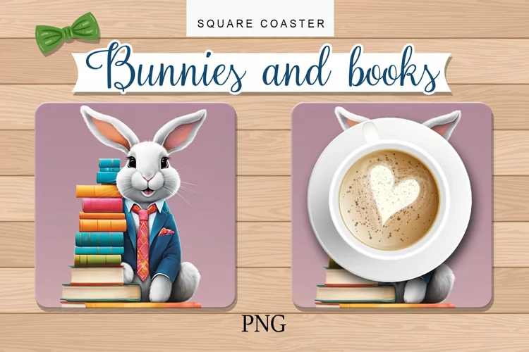 a hot plate, books,a rabbit in a suit