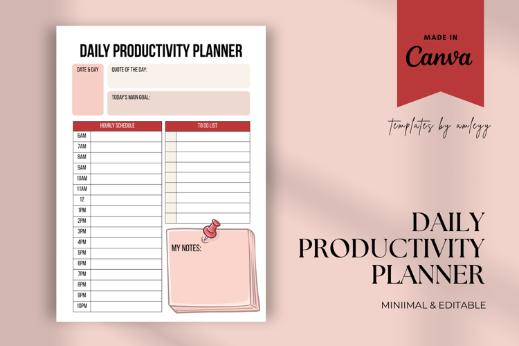 Daily Productivity Planner Template Canva Editable,Printable