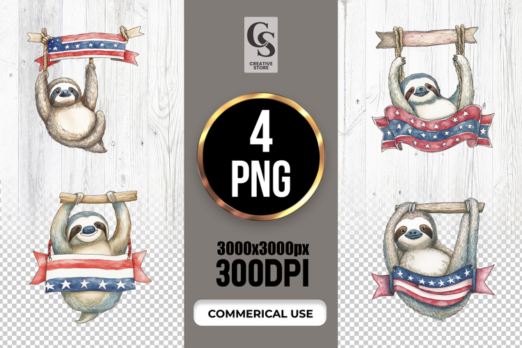 Watercolor Patriotic Sloth Clipart PNG