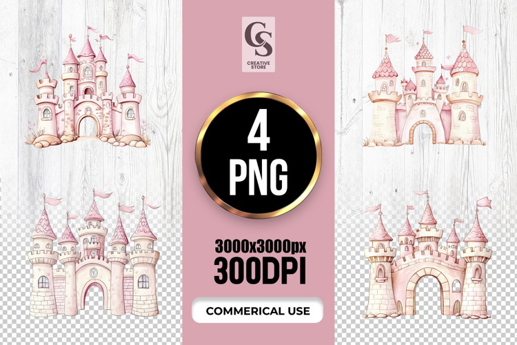 Pink Watercolor Fairy Castle Clipart Sublimation PNG