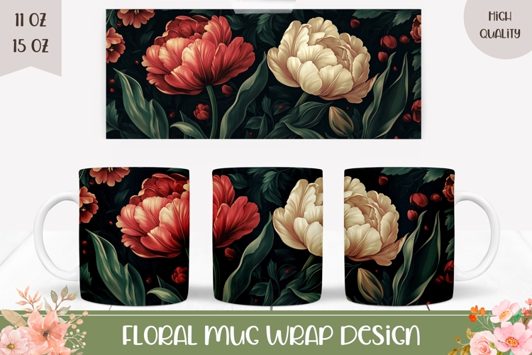 Flowers Mug Wrap Design, Peony Mug Sublimation