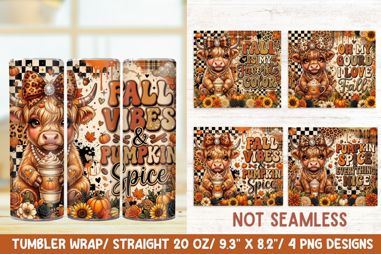 Fall Highland Cow 20 OZ Skinny Tumbler Wrap Sublimation Png.