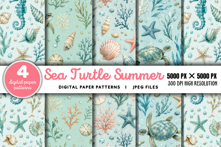 Sea Turtle Summer Seamless Pattern JPG example image 1