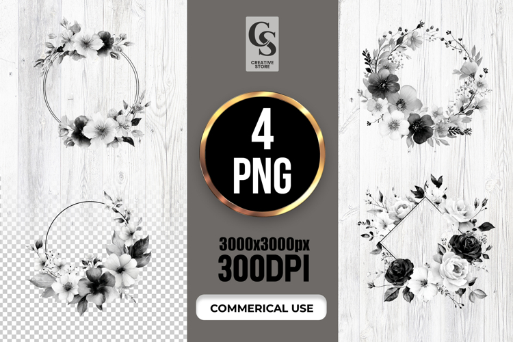 Black White Floral Wreath Watercolor Clipart Sublimation PNG
